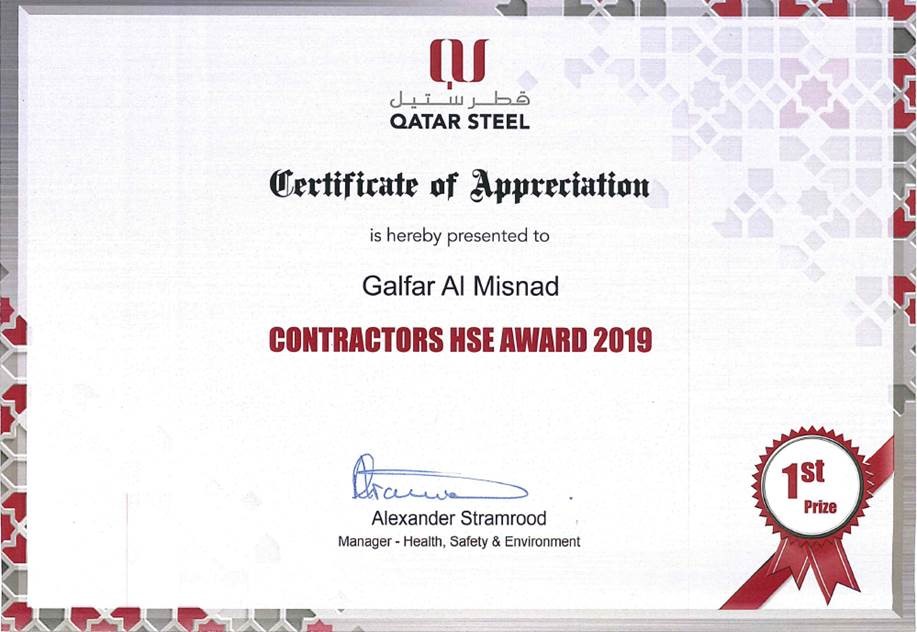 Qatar Steel gives Best HSE Contractor 2019 Award to Galfar Al Misnad 