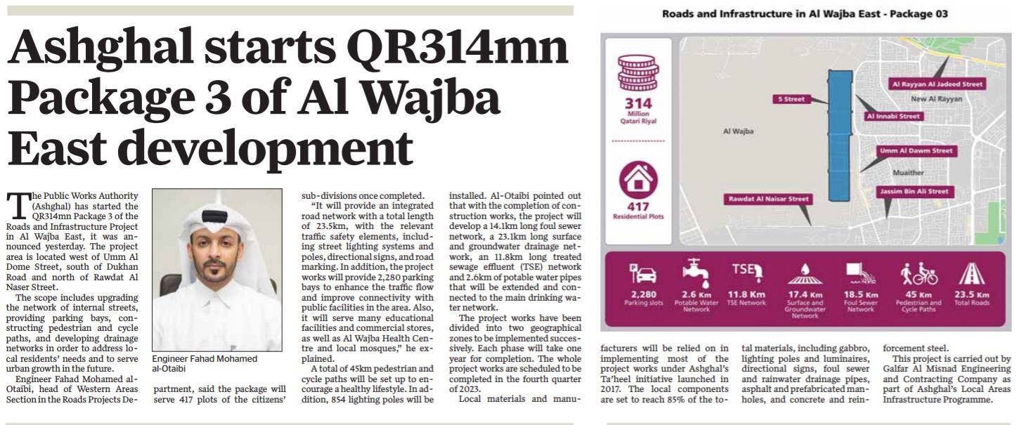 Ashghal starts QR 314 mn Package 3 of Al Wajba East development 