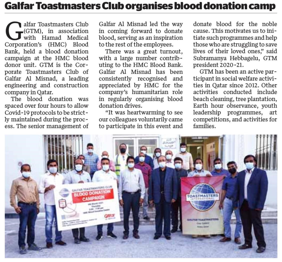 Galfar Toastmasters Conducts Blood Donation Drive
