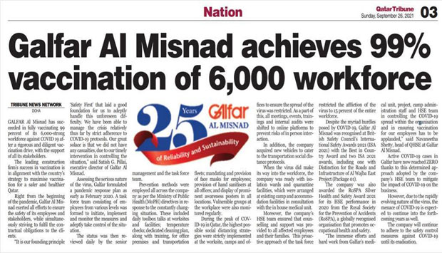 Galfar Al Misnad Fully Vaccinates 99% of Employees