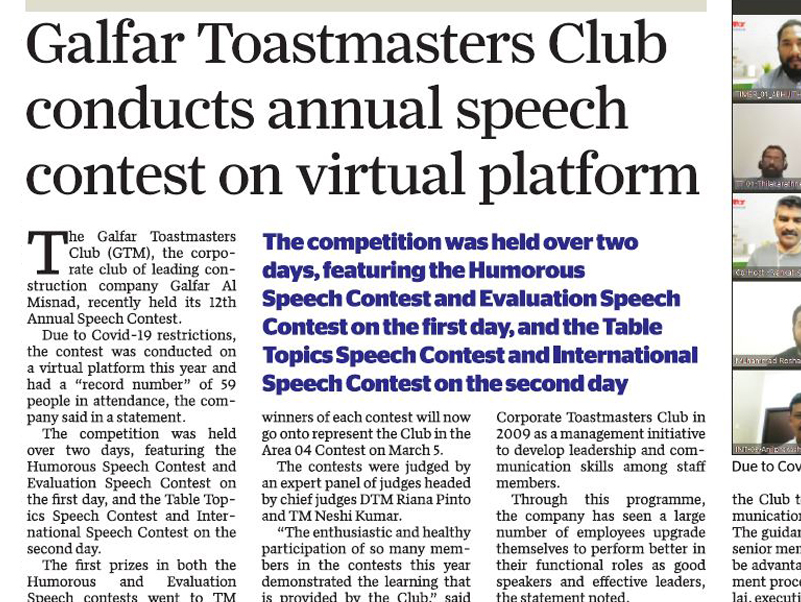 Galfar Toastmasters Club holds annual speech contest on virtual platform