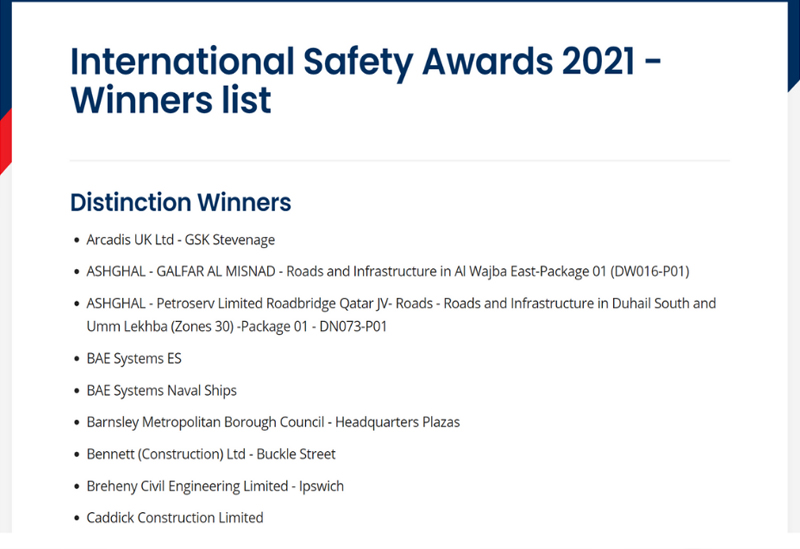 Two International Safety Awards for Galfar, including one with Distinction 